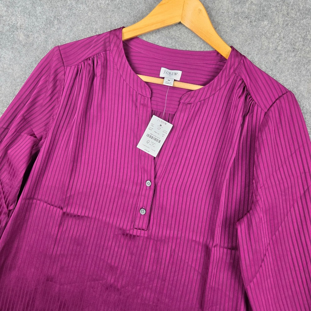 J.Crew Henley Blouse Womens Medium Magenta Stripe Satin Long Sleeve Chic NWT - Picture 2 of 9